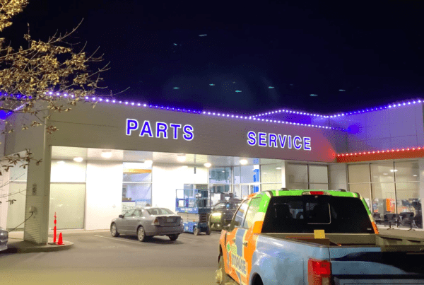 Professional outdoor lighting on a Ford Dealership